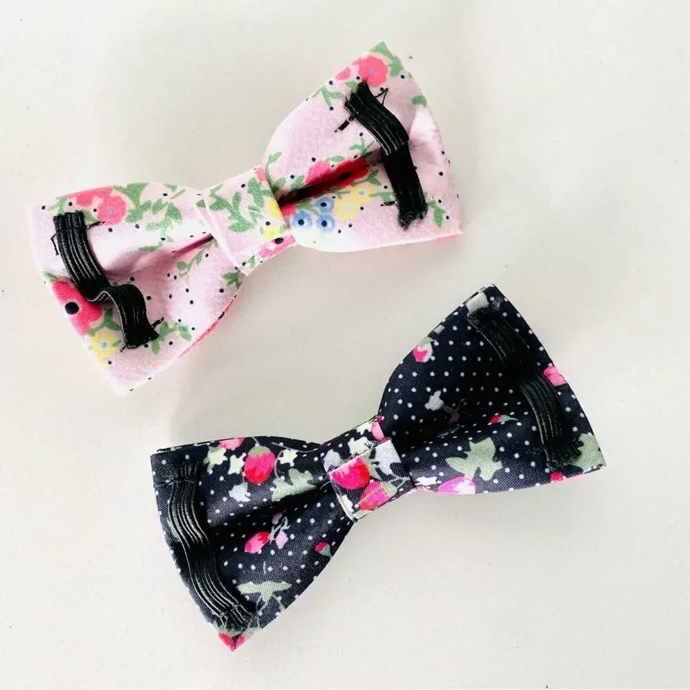 NEW HANDMADE Navy Blue Polka Dot Pink Floral Dog Cat Pet Collar Elastic Bow Tie